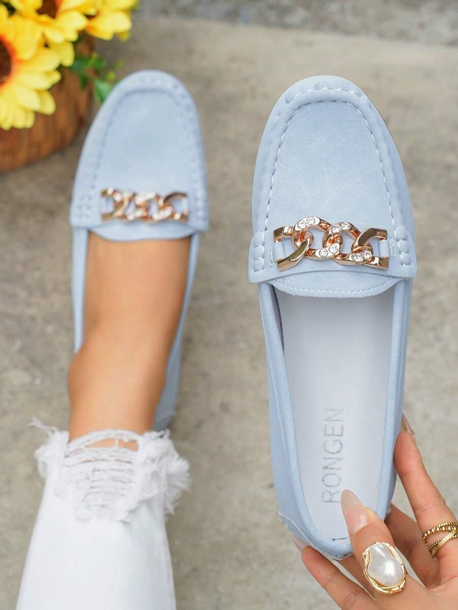 Women's Spring New Gold Chain Elegant Slip-On Loafers, Lightweight Comfortable Versatile Rubber Flat Shoes - Light Blue-chain - View 1