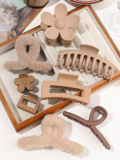 8pcs/Set Minimalist Brown Tone Flower, Bone, Plush Hair Clips & Headbands, Versatile Daily Accessories For Autumn/Winter Hair Accessories Women Claw Clip Autumn Accessories