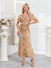 hezixi Elegant Sequin Sexy Short Sleeve Flare Sleeve Evening Dress, Women's Long Mermaid Formal Ball Gown Luxury Wedding Party Cocktail Dress - Champagne - View 8