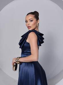 Long Dress For Bridesmaid – One Shoulder With Ruffle And Slit Elegant Simple Elegant Party Satin Side Opening Zipper Pleated Bridesmaid Civil Wedding Debutante Graduate Formal And Evening - 藏蓝色 - 查看 4
