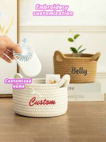 Customized Embroidered Rope Woven Storage Basket, Large Capacity Skin-Friendly Rope Basket For Baby Toy, Pet Supplies, Remote Control, Keys & Miscellaneous Storage, Suitable As Gift For Children, Family & Friends - Blue - View 3