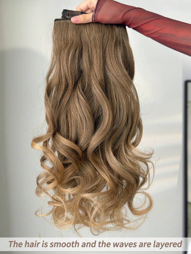 20-Inch Ombre Brown-Golden Synthetic Fiber Clip-In Hair Extensions, Natural Wavy Curls - Brown Ombre - View 5