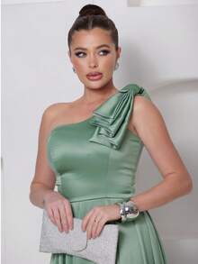 Long Dress For Bridesmaid – One Shoulder With Ruffle And Slit Elegant Simple Elegant Party Satin Side Opening Zipper Pleated Bridesmaid Civil Wedding Debutante Graduate Formal And Evening - 薄荷綠 - 查看 2