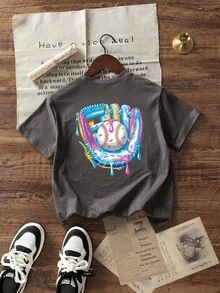 男童休闲印花圆领短袖T恤，夏季上衣 - 深灰色 - 查看 3