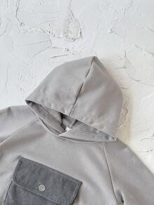 新生男童衣服灯芯绒口袋休闲可爱连帽灰色长袖紧身衣，春秋季 - 深灰色 - 查看 10