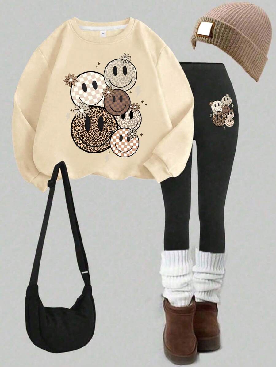 2pcs Set Tween Girl Adorable Smiling Face Print Sweatshirt Set, Soft And Skin-Friendly, Autumn & Winter Daily Streetwear - Apricot - View 1