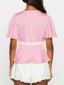Womens Silk Satin V Neck Short Sleeve Tops Lace Patchwork Peplum Blouses Summer Basic Tank Shirt - Hồng - Xem 2