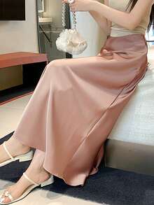 2024年夏季新款高腰修身复古缎面荷叶边鱼尾裙女 - 粉色 - 查看 4