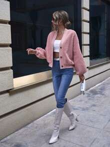 معطف فرو تيدي من قطع ملونة بوردي فاتح بأكتاف منسدلة