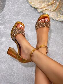 10.5 厘米粗跟防水台闪亮水钻方头金色女式高跟鞋，水钻装饰带露趾正装鞋 - 金色 - 查看 2