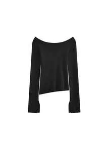 1件女士灰色斜领单肩针织毛衣，修身长袖性感时尚上衣，春季黑色 - 黑色 - 查看 5