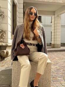 Blazer de mujer estilo pata de gallo de manga larga con bolsillos, chaqueta de entretiempo