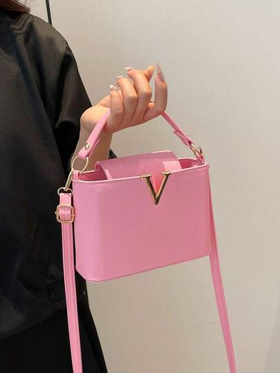 Borsa a mano minimalista alla moda in colore unito con decorazione in metallo, impermeabile in PU, adatta per lo shopping, il trasporto, giovani donne, studenti universitari, giovani professionisti, donne d'ufficio. Perfetta per ufficio, scuola, lavoro, attività aziendali, pendolarismo, attività all'aperto, viaggi e brevi spostamenti.
