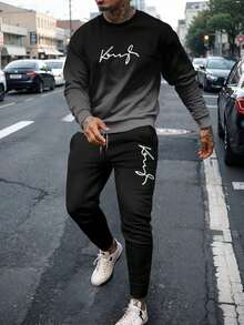 Men's Gradient Letter "King" Print Comfortable Crew Neck Sweatshirt And Pants Set - Multicolor - View 1