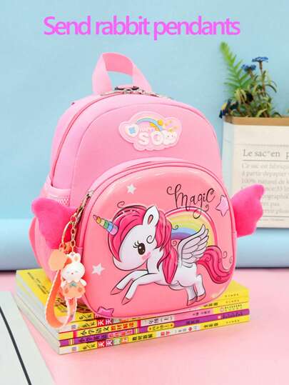1PC Kindergarten Schoolbag Girls Primary And Middle School Class Preschool Cute Cartoon Schoolbag Lightweight Pony Pattern Burden Reduction Backpack With Rabbit Pendant Back-To-School Season