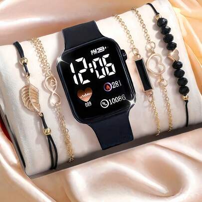 6件套：1块LED数字显示方形电子手表 + 5/4条黑色绳结、黑色珠子、心形、8字形、叶子吊坠手链，复古风格黑色几何方形5件套手链，万圣节、圣诞节、情人节、母亲节、节日最佳礼物