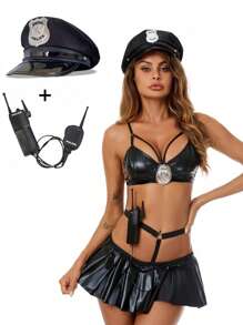1 conjunto de uniforme de couro para cosplay de festa de fim de ano com walkie talkie - boné, acessórios para fantasia feminina