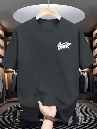 Camiseta de manga corta casual de verano para hombres - Gris, con estampado, cuello redondo, tela de poliéster suave, ligera y transpirable, adecuada para uso casual