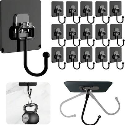 20pcs Large Size Adhesive Hooks - Waterproof Rust-Proof Black Hooks - 30 Lbs (Max) Capacity - Ideal For Bathroom, Kitchen, Home - Easy To Install On Wall, Ceiling And Window