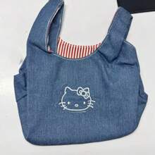 Sanrio Sanrio Hello Kitty Cute Denim Embroidered Kitty Handbag, Hello Kitty Bag ,A Stroll Bag, Portable And Spacious For Carrying Out, A Lunch Bag For Work.,Handy New Hello Kitty Lunch Box Bag Cartoon Cute Handbag Large Capacity Tote Storage Bag,Travel Essentials