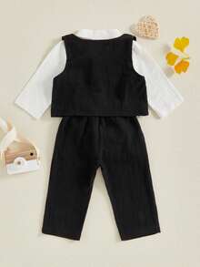 Conjuntos de pantalones de 3 piezas de otoño para bebés niños, conjuntos de pantalones con tirantes y chaleco con solapa y botones de manga larga - Negro - Ver 4