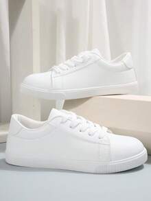 1双女式2025新款经典系带平底白色运动鞋，休闲学生鞋，滑板鞋 - 白色 - 查看 6