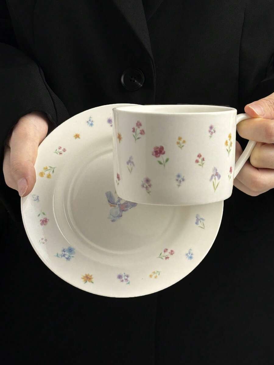 1 Set Floral Ceramic Coffee Cup & Saucer, Hand-Painted Colorful Flower Designed Coffee Mug, Latte Mug, Juice Cup, Milk Cup, Dessert Plate, Drinking Cup, Gift For Family & Friends Back To School