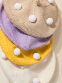 1pc Unisex Baby Candy Color Versatile Knitted Beret Hat, Children's Stylish Casual Beanie, Artist Cap - A Children's Fur Ball Beret - View 4
