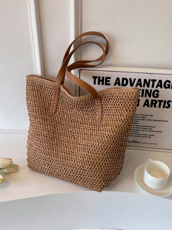 Bolso de playa de paja de verano, bolso de gran capacidad, bolsa de compras, bolso de mano, estilo de vacaciones, simple y versátil, bolso de mujer con múltiples bolsillos, adecuado para vestidos, compras, viajes, almacenamiento, bolso de mimbre