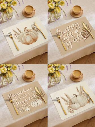 4pcs/6pcs/60pcs Autumn Decorative Placemats, Pumpkin, Wheat Ear, Maple Leaf, Floral, Letter Linen Placemats, Dirt-Resistant Placemats, Suitable For Home, Restaurant, Dining Table Decor, Home Goods