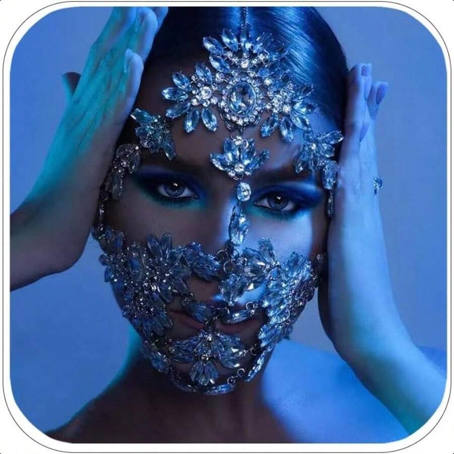 Rhinestone Masquerade Mask Full Face Jewelry For Women Mardi Gras Mask Crystal Face Chain Jewelry-0166 - 銀色 - 查看 1