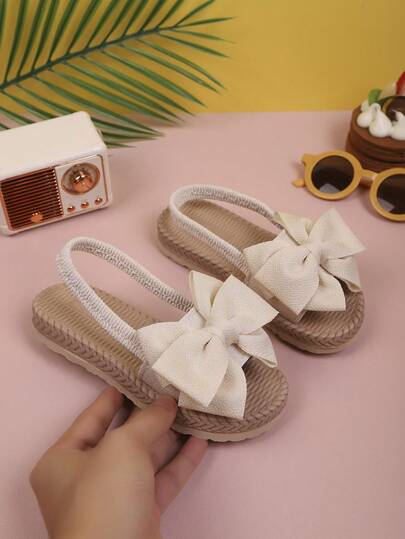 New Cute Girls' Multi-Color Fashion Sandals, Comfortable Thick Sole Sandals 1 Pair, Girls Bow Tie Elastic Strap Comfortable Versatile Flat Sandals Suitable For Girls Aged 2-14 Years Old, Comfortable Summer New Sandals