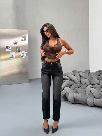 Women's High Waist Belt Epaulet Boyfriend Jeans, Solid Color Pockets Zipper Button