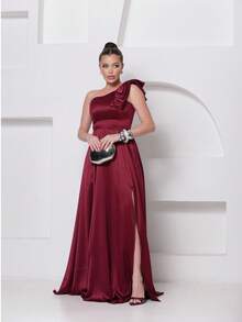 Long Dress For Bridesmaid – One Shoulder With Ruffle And Slit Elegant Simple Elegant Party Satin Side Opening Zipper Pleated Bridesmaid Civil Wedding Debutante Graduate Formal And Evening - 紅木色 - 查看 1