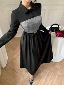 abyoxi 黑色撞色长袖休闲 A 字衬衫中长连衣裙，休闲性感，适合通勤、工作/办公室服装、返校、女士秋冬服装