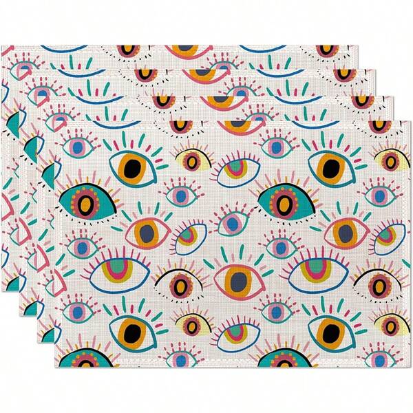 Abstract Evil Eye Placemats Set Of 4, 12 X 18 Inch, Linen Table Runner Kitchen Dining Room Decor Holiday Decor Rustic Vintage Waterproof Washable Table Runner