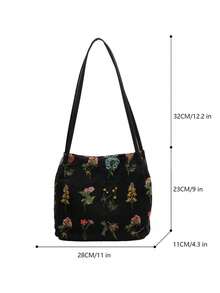 2026 Spring/Summer New Embroidered Print Tote Bag, Fashionable Large Capacity Canvas Shoulder Crossbody Bucket Bag - Black - View 5
