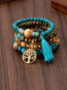 4pcs/Set Boho Style Wooden Life Tree Charm Bracelets, Elastic Rope Bangles For Daily Wear & Parties