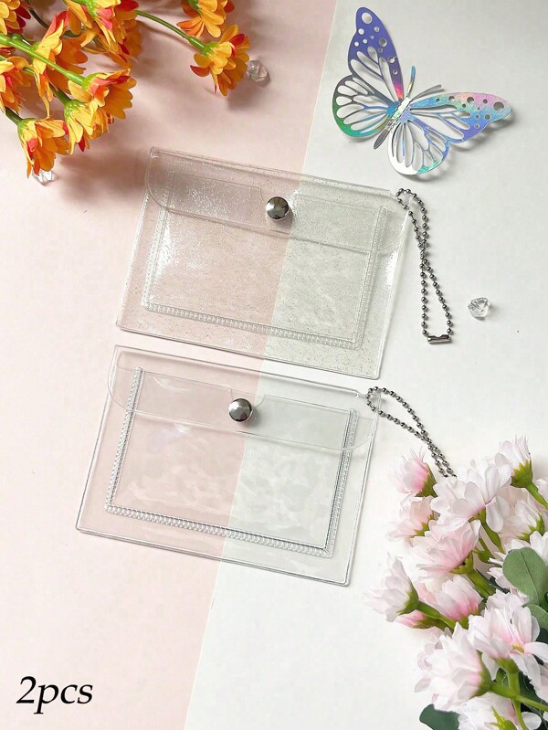 2 Pcs Fashion Transparent Pvc Waterproof Women Card Case Business Card Holder Men Credit Card Bag Id Card Mini Wallet Girls Coin Purse Button Closure Transparent Pouch Slim And Lightweight, Easy To Carry