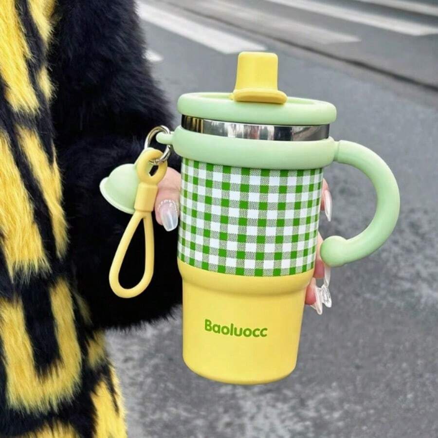 600ml Insulated Drinking Straw Cup, Cute Double Drinking Spout Water Bottle With Elegant Appearance For Car Use, High-End Office Cup, Available In Various Colors, Portable And Durable, Keeps Cold Water For A Long Time - 黃綠色 - 查看 1