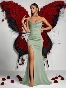 Elisanya Rhinestone Pleated Backless High Waist Split Evening Party Dress, Banquet Prom Gown - Green - View 3