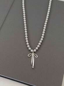 1pc Grey Bow Pearl Necklace For Women, 2025 New Style, High-End Sweater Chain, Fashionable Neck Chain - XUXL203 - View 8