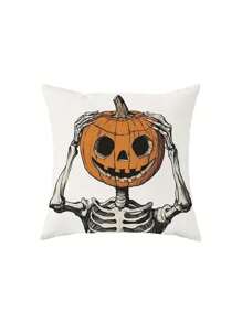 1/4 包万圣节抱枕套，骷髅和南瓜图案，可机洗，拉链开合，适用于沙发和客厅装饰 - 涤纶，无内衬，秋季装饰，房间装饰