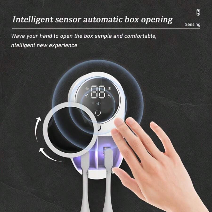 USB充电式牙刷消毒器，壁挂式牙刷架，牙刷消毒装置，自动感应牙刷收纳架，双槽牙刷架，浴室配件，家居装饰