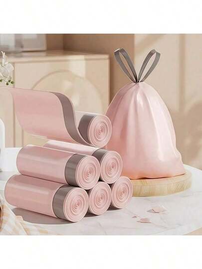 5卷80个装耐用拉绳粉色垃圾袋 - 加厚便携式聚乙烯垃圾袋，适用于厨房、浴室、卧室和客厅，家居收纳 | 时尚设计 | 拉绳封口，带垃圾袋分配器