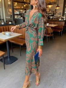 Floral Print V Neck Midi Dress For Women - Lightweight Chiffon With A-Line Silhouette  Elastic Waist - Elegant Summer Dress For Party, Date  Daily Wear