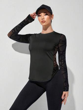 女士简约拼接侧边运动瑜伽长袖T恤