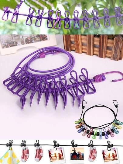 1pc Portable Multi-Clip Clothesline, Outdoor Drying Clothes & Socks Line For Balcony, Patio, Camping And Dorm Room, Lightweight, Weather-Resistant, Rustproof Aluminum And Durable Plastic Construction, Quick-Setup Compact Drying Solution With Extended Clip-Rack For Shirts, Towels, Underwear, And Socks, Ideal For Home Laundry, Small Spaces, Travel, And Outdoor Clothes Drying In Any Weather