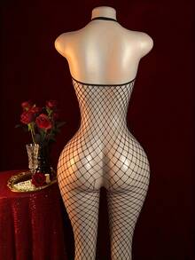 性感吊带大开衩网眼内衣，性感紧身袜，渔网袜，镂空透明比基尼连体裤，性感内衣，情人节礼物，大胆女士服装，夜店、夜生活、约会、演出、新婚之夜卧室服装——性感长筒袜和紧身裤 - 黑色 - 查看 7