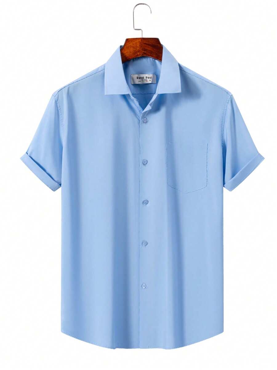 Rand paul Men's Casual Social Short Sleeve Plain Shirt With Pocket In Slightly Stretch Polyester - Màu xanh lam - Xem 1
